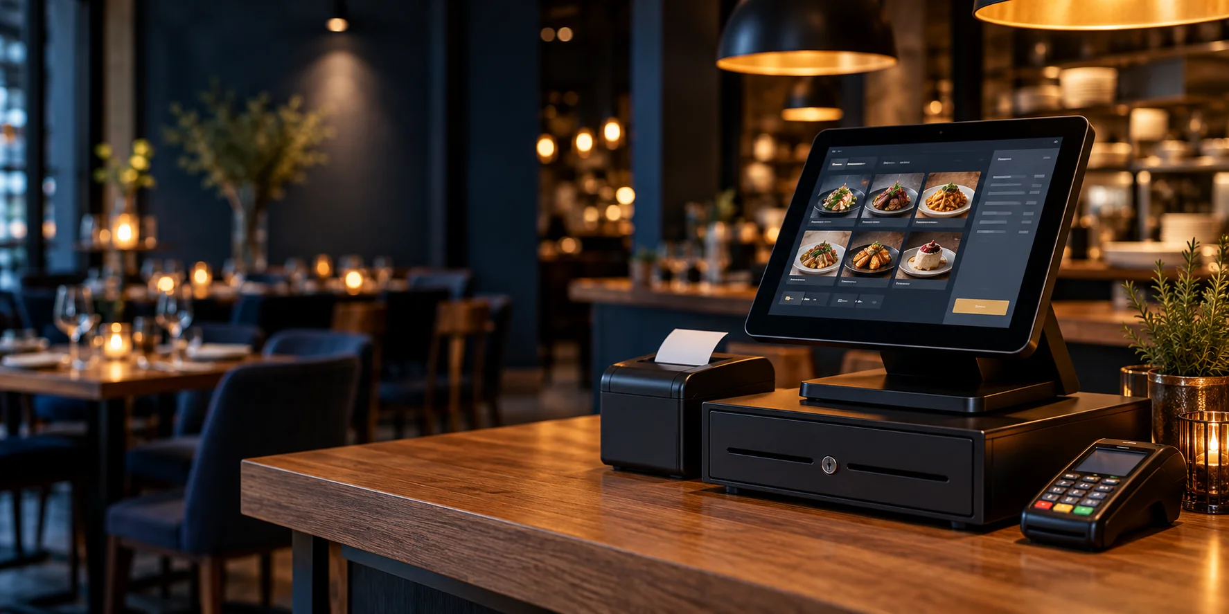Modernes Kassensystem auf einer Restauranttheke